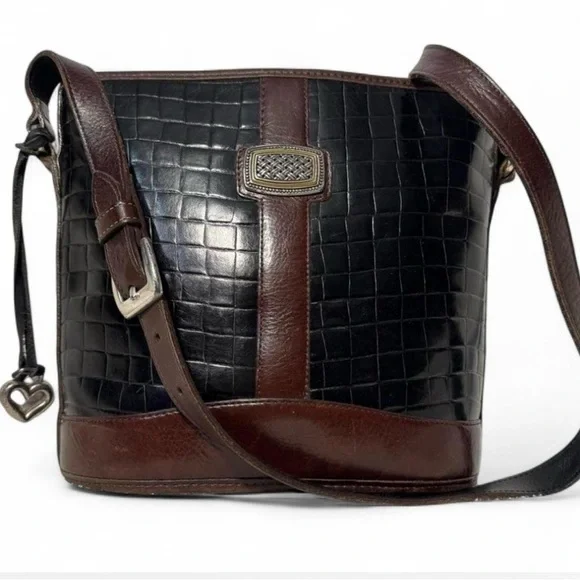 Vintage Brighton Bergson Croc Embossed Leather Bucket Bag Brown Black - Picture 2 of 9